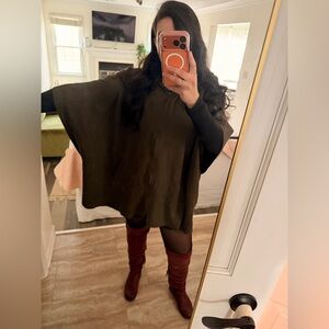 Miilla Faux Suede Poncho Hooded Tunic Zip-up Cape